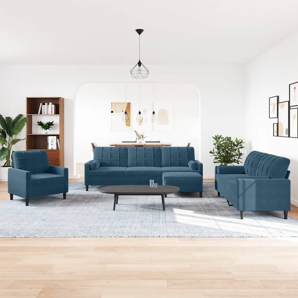 4-dijelni set sofa s jastucima plavi baršunasti