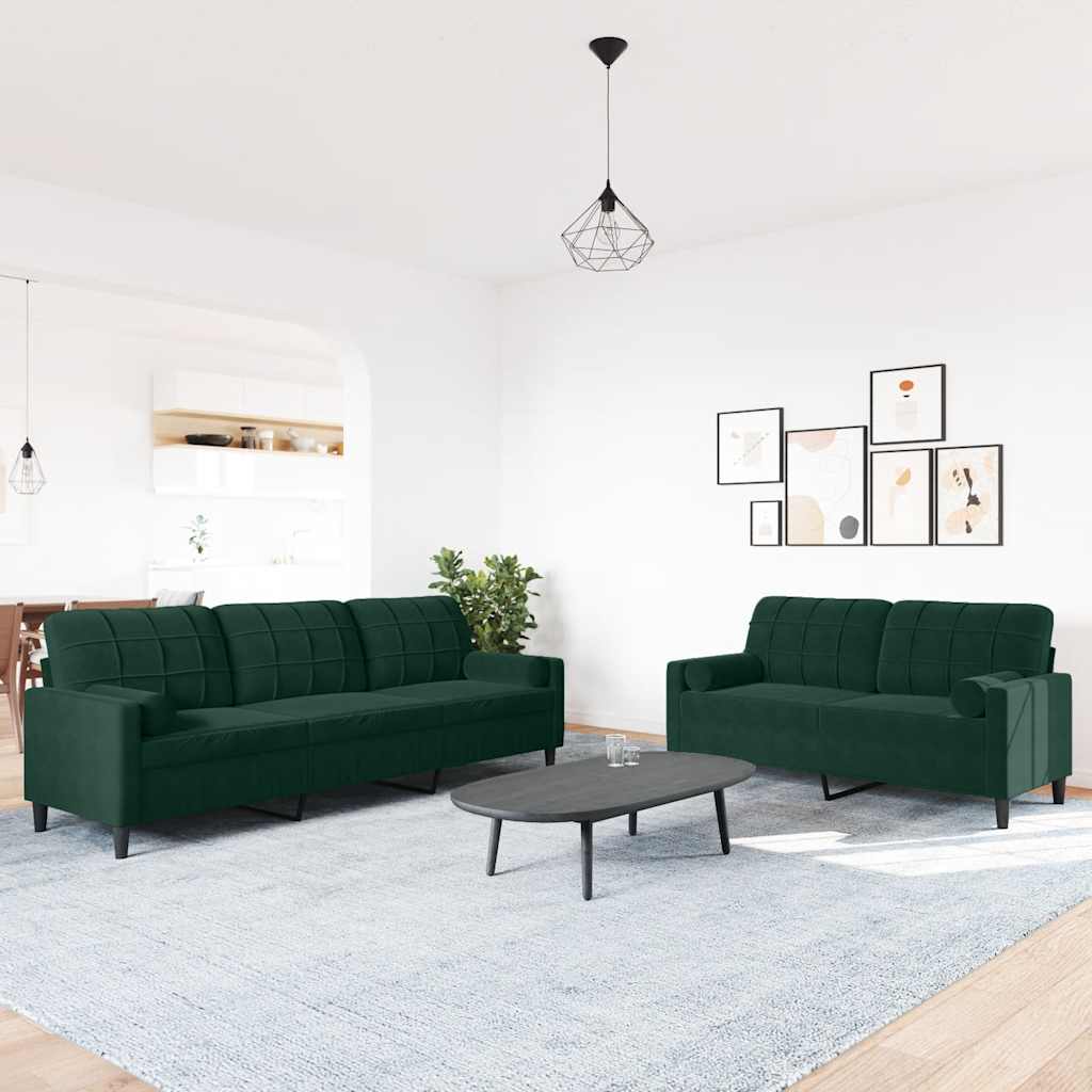 2-dijelni set sofa s jastucima tamnozeleni baršunasti