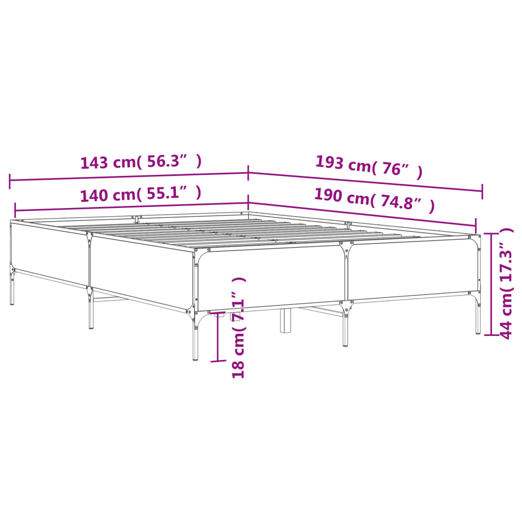 Okvir za krevet boja hrasta 140x190cm konstruirano drvo i metal
