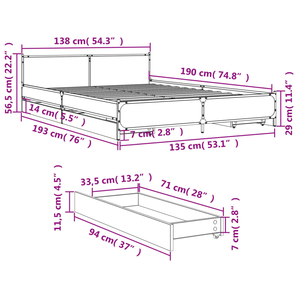 Okvir za krevet s ladicama boja sivog hrasta 135x190 cm