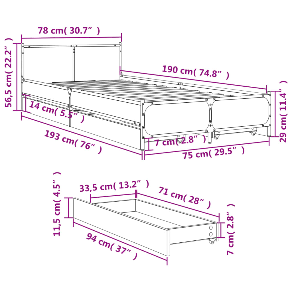 Okvir kreveta s ladicama crni 75 x 190 cm konstruirano drvo