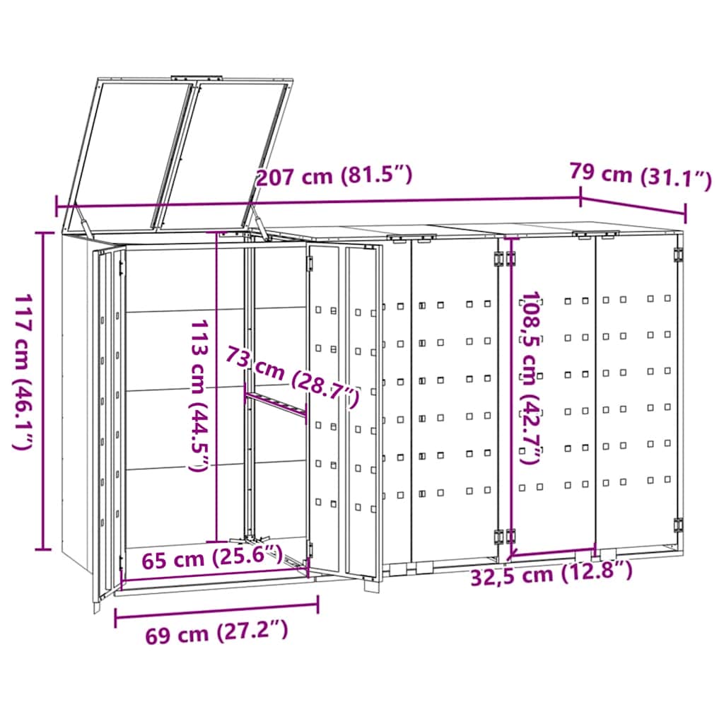 Spremište za 3 kanta za otpad sivo 207x79x117 cm čelično