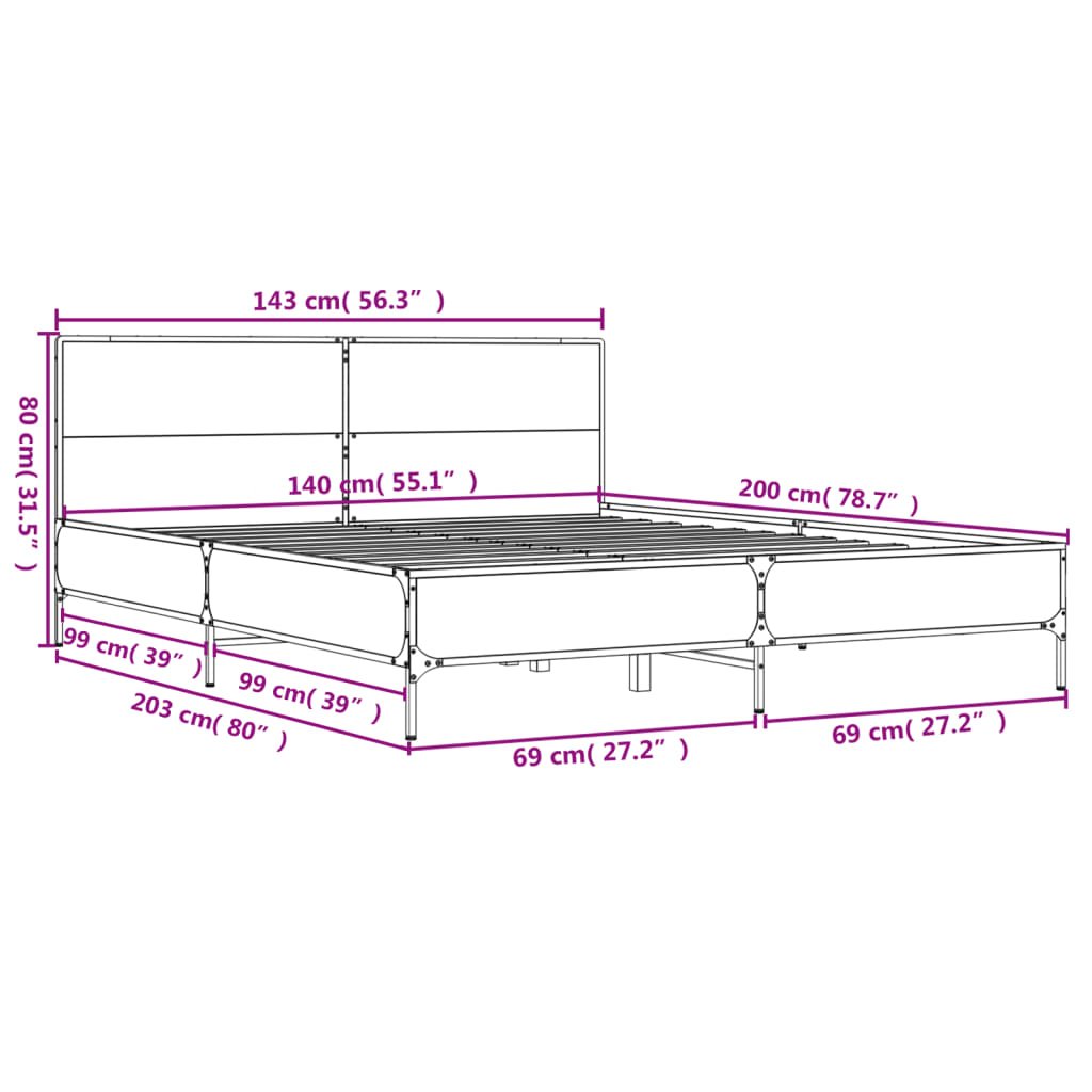 Okvir za krevet boja hrasta 140x200cm konstruirano drvo i metal
