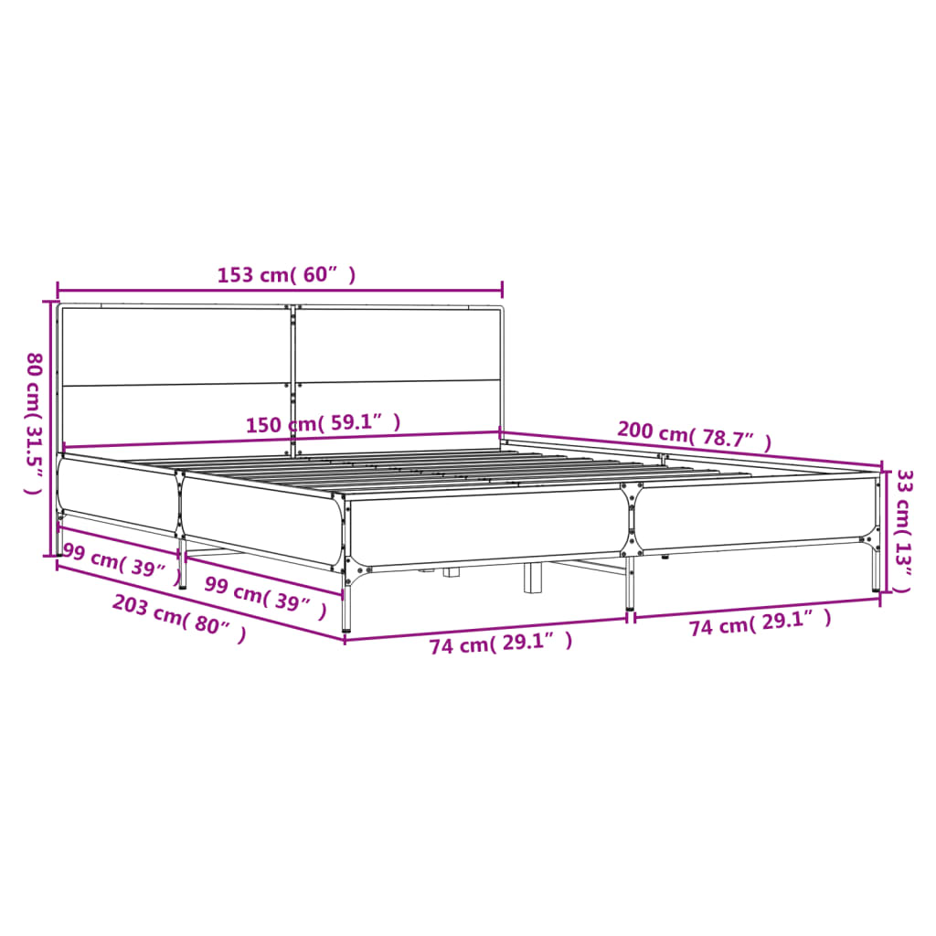 Okvir za krevet boja hrasta 150x200cm konstruirano drvo i metal