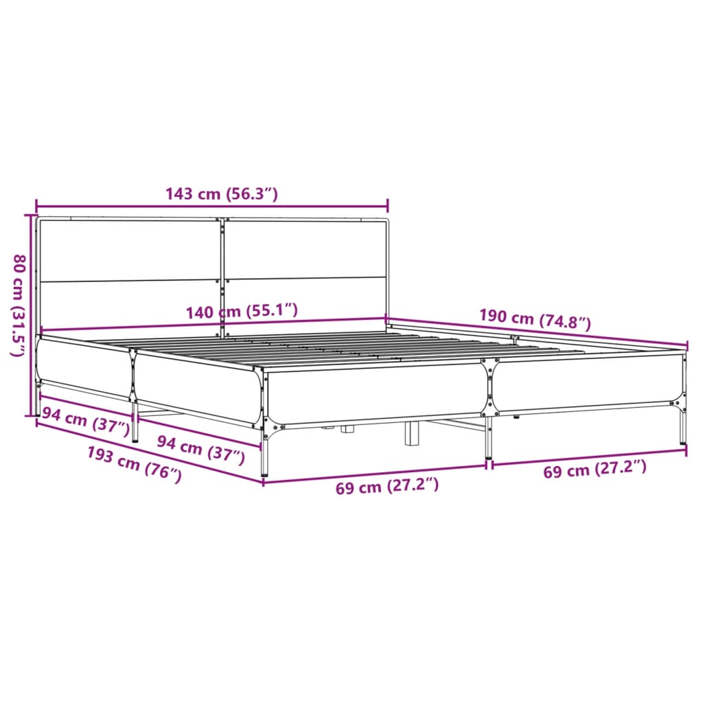 Okvir kreveta boja hrasta 140x190 cm konstruirano drvo i metal
