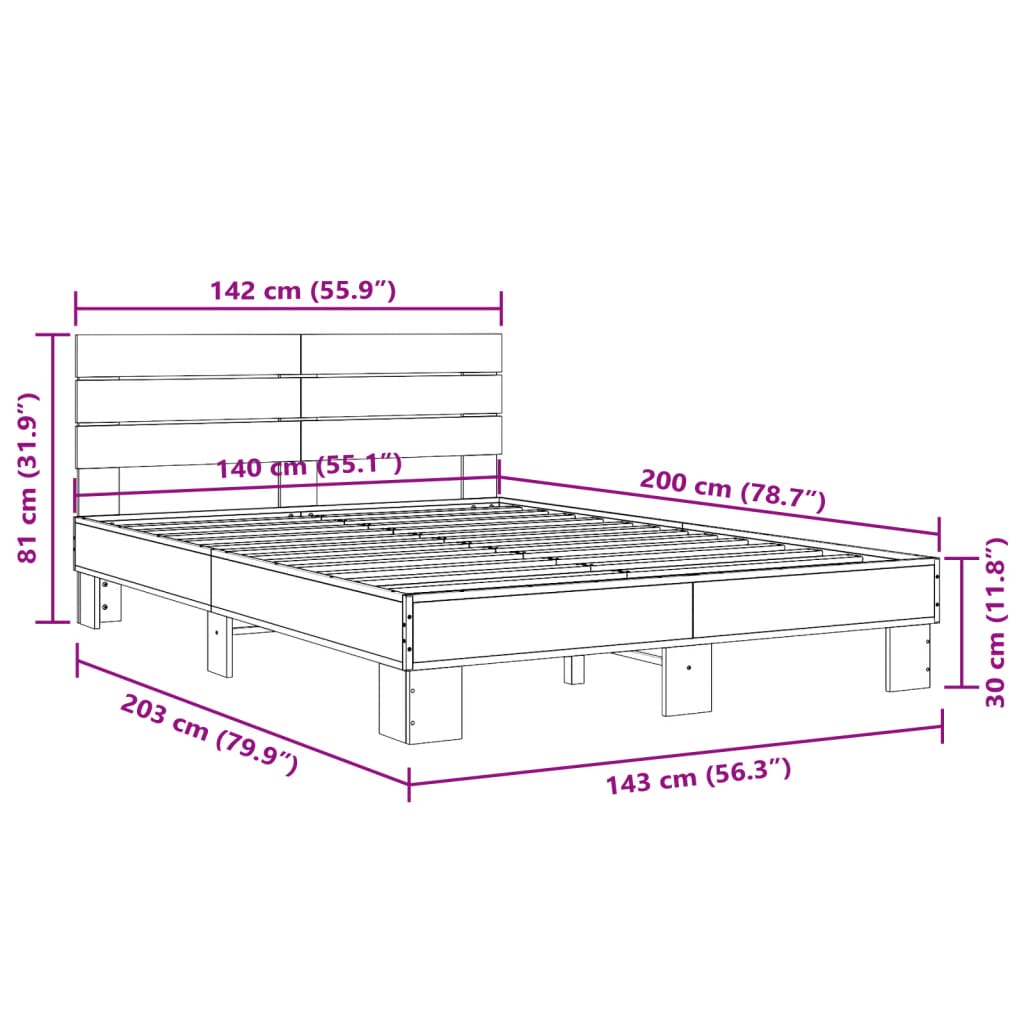 Okvir za krevet boja hrasta 140x200cm konstruirano drvo i metal