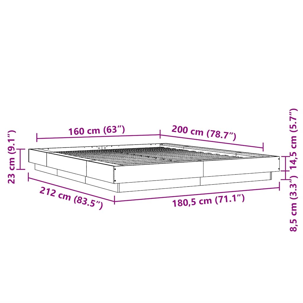 Okvir za krevet s LED svjetlima boja hrasta 160 x 200 cm drveni