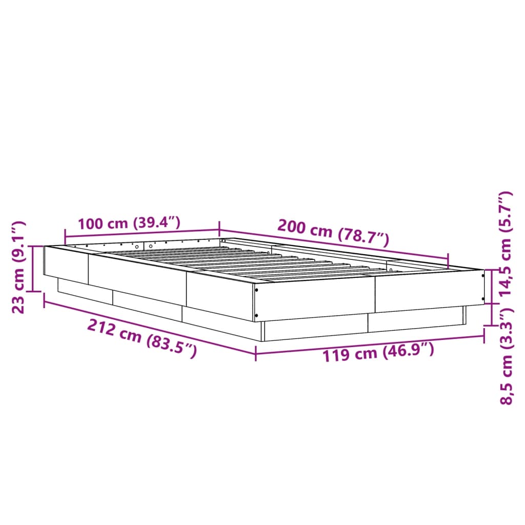 Okvir za krevet s LED svjetlima boja hrasta 100 x 200 cm drveni