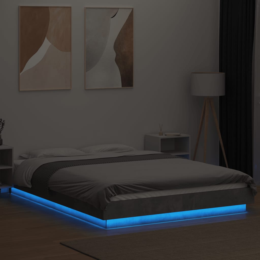 Okvir krevet s LED svjetlima siva boja betona 135x190 cm drveni
