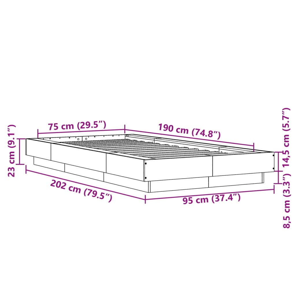 Okvir za krevet s LED svjetlima 75x190 cm od konstruiranog drva