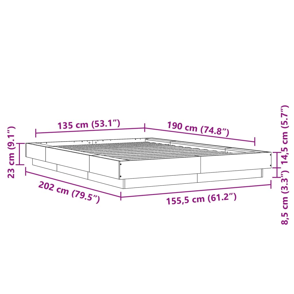 Okvir kreveta siva boja hrasta 135 x 190 cm konstruirano drvo
