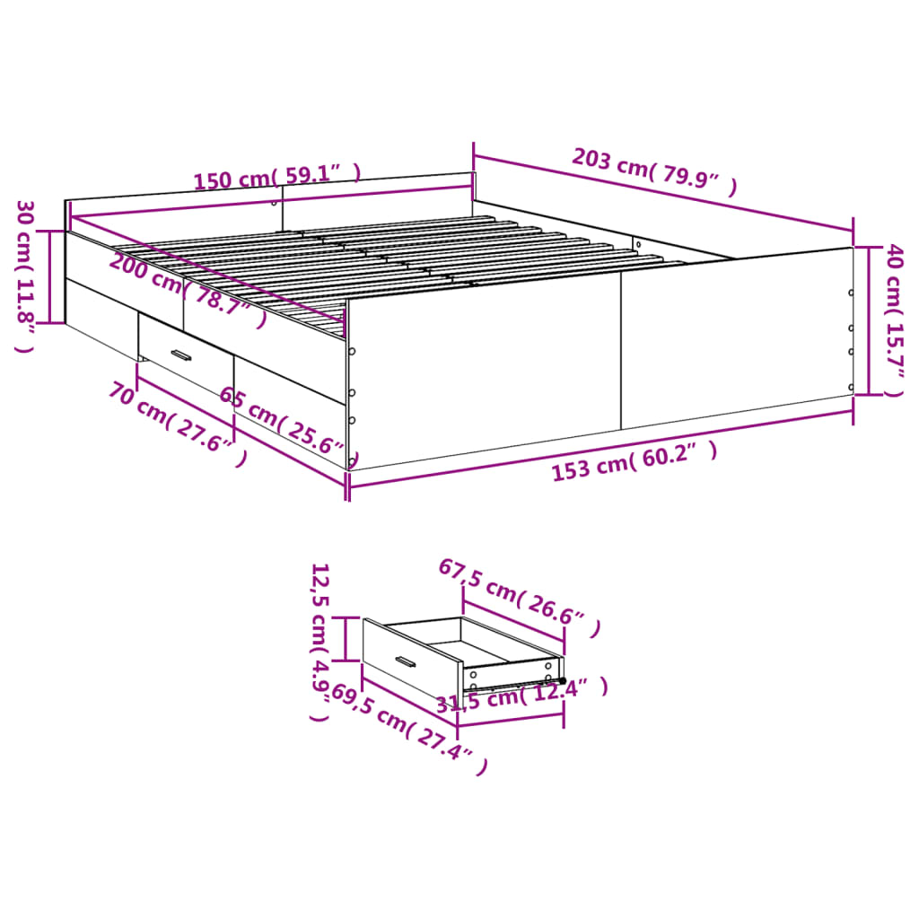 Okvir kreveta s ladicama siva boja betona 150 x 200 cm drveni