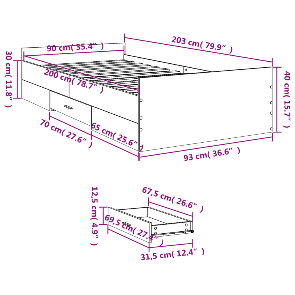 Okvir za krevet s ladicama boja hrasta 90x200 cm