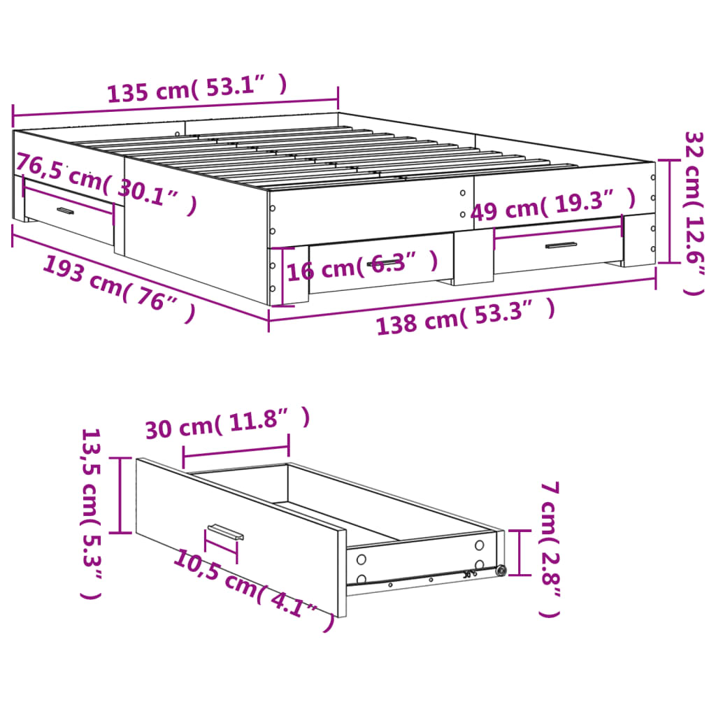 Okvir kreveta s ladicama crni 135 x 190 cm konstruirano drvo