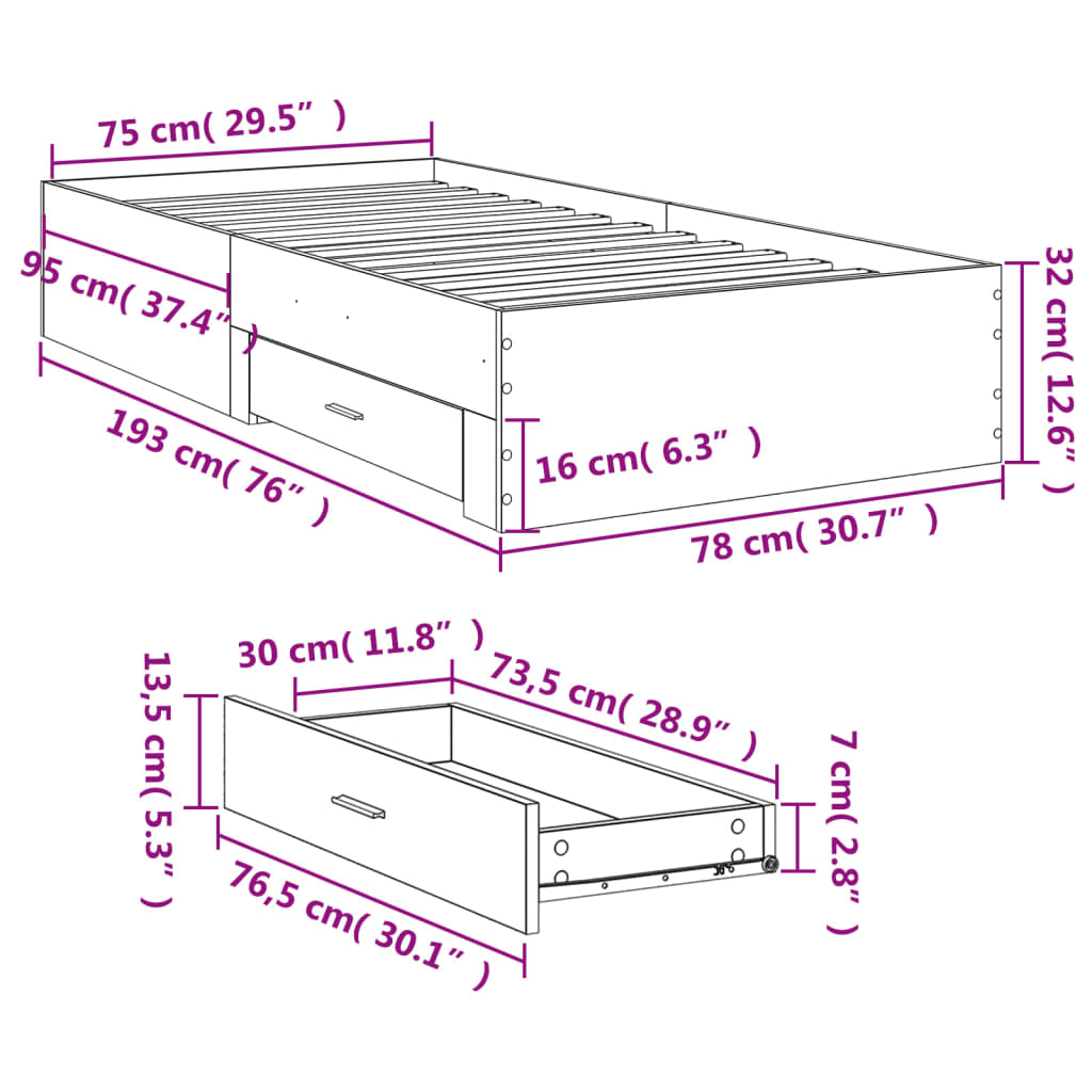 Okvir kreveta s ladicama crni 75 x 190 cm konstruirano drvo