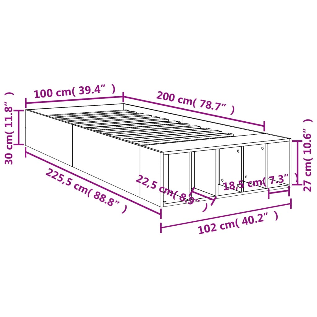 Okvir kreveta boja betona 100x200 cm od konstruiranog drva