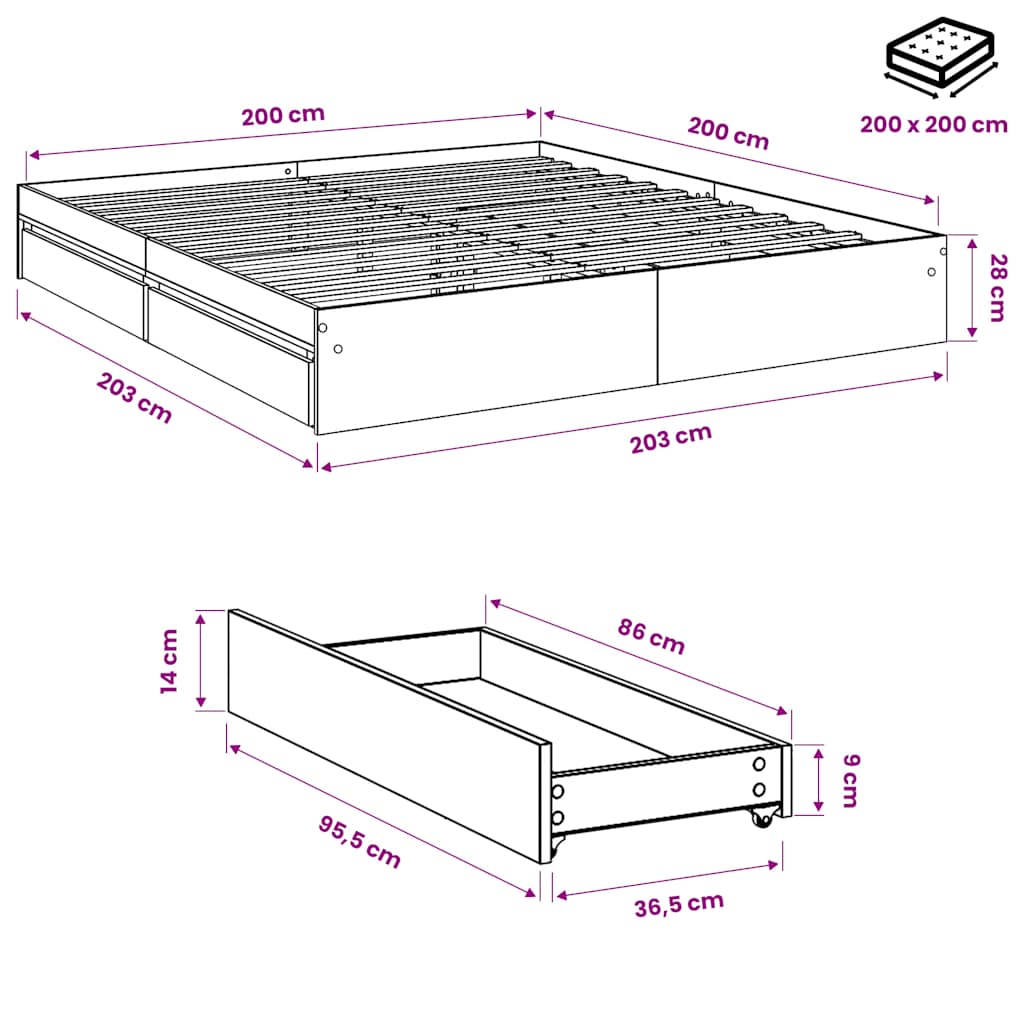 Okvir kreveta s ladicama boja hrasta 200x200 cm