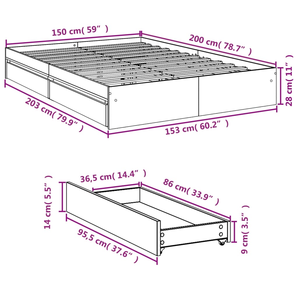 Okvir za krevet s ladicama boja hrasta 150x200 cm drveni