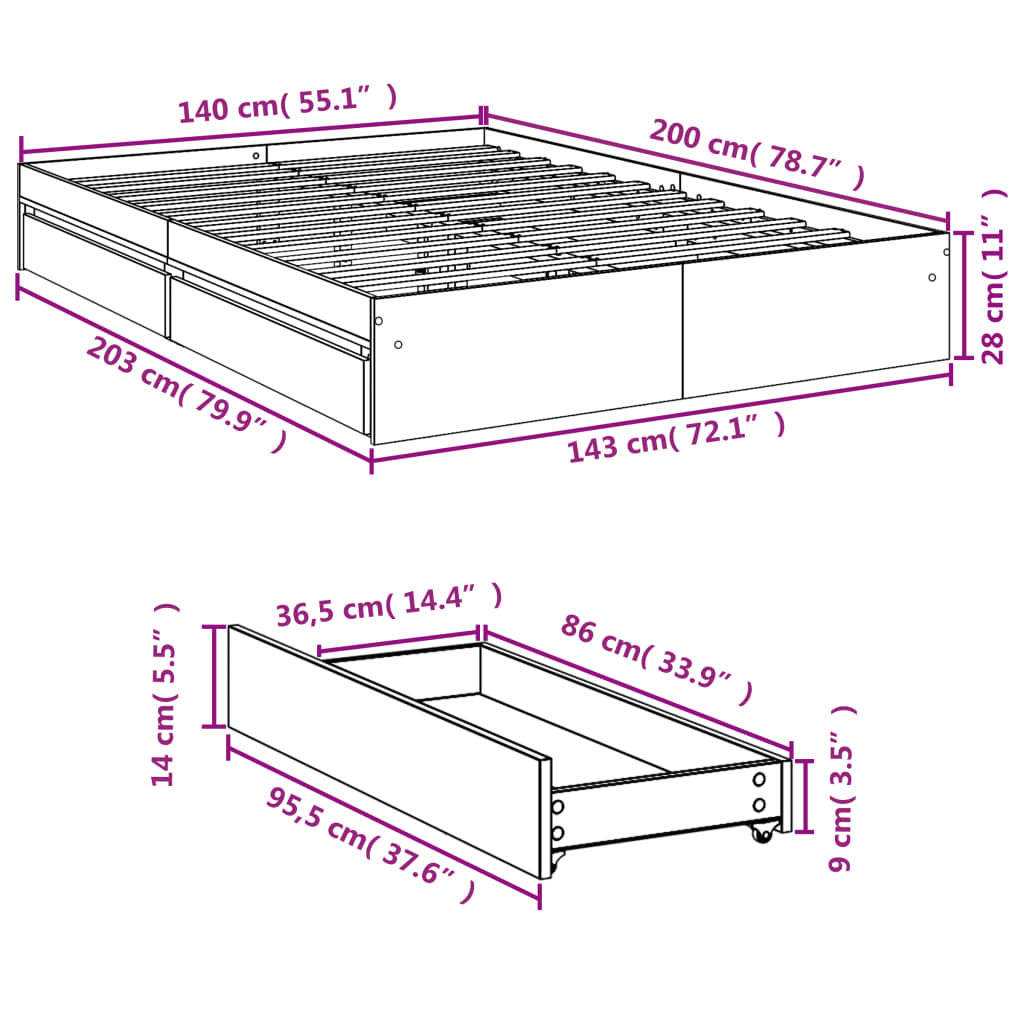 Okvir kreveta s ladicama bez madraca bijeli 140x200 cm