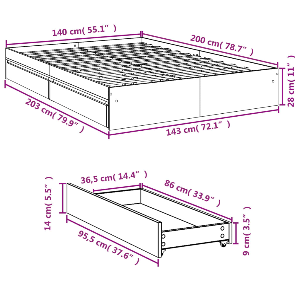 Okvir za krevet s ladicama boja hrasta 140x200 cm drveni