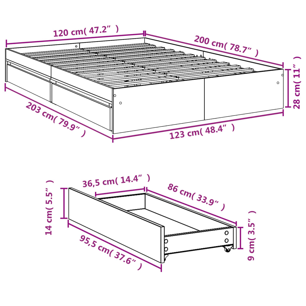 Okvir za krevet s ladicama boja hrasta 120x200 cm drveni