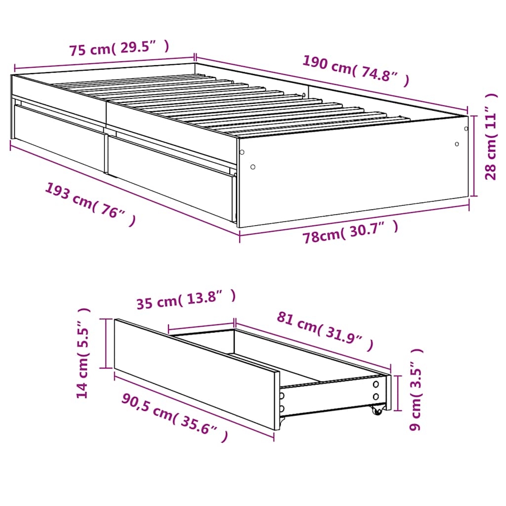 Okvir kreveta s ladicama bez madraca bijeli 75x190 cm