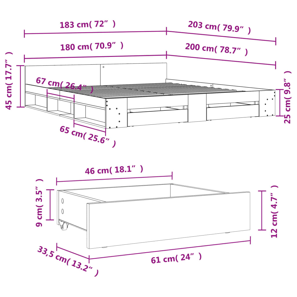 Okvir za krevet s ladicama boja hrasta 180x200 cm