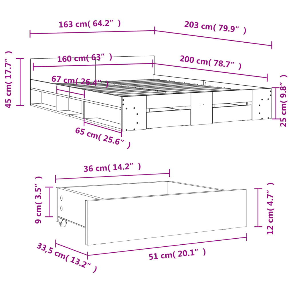 Okvir za krevet s ladicama boja hrasta 160x200 cm drveni