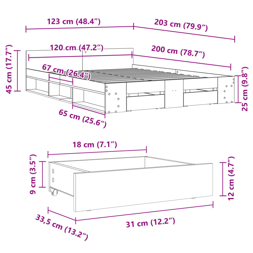 Okvir za krevet s ladicama boja hrasta 120x200 cm drveni