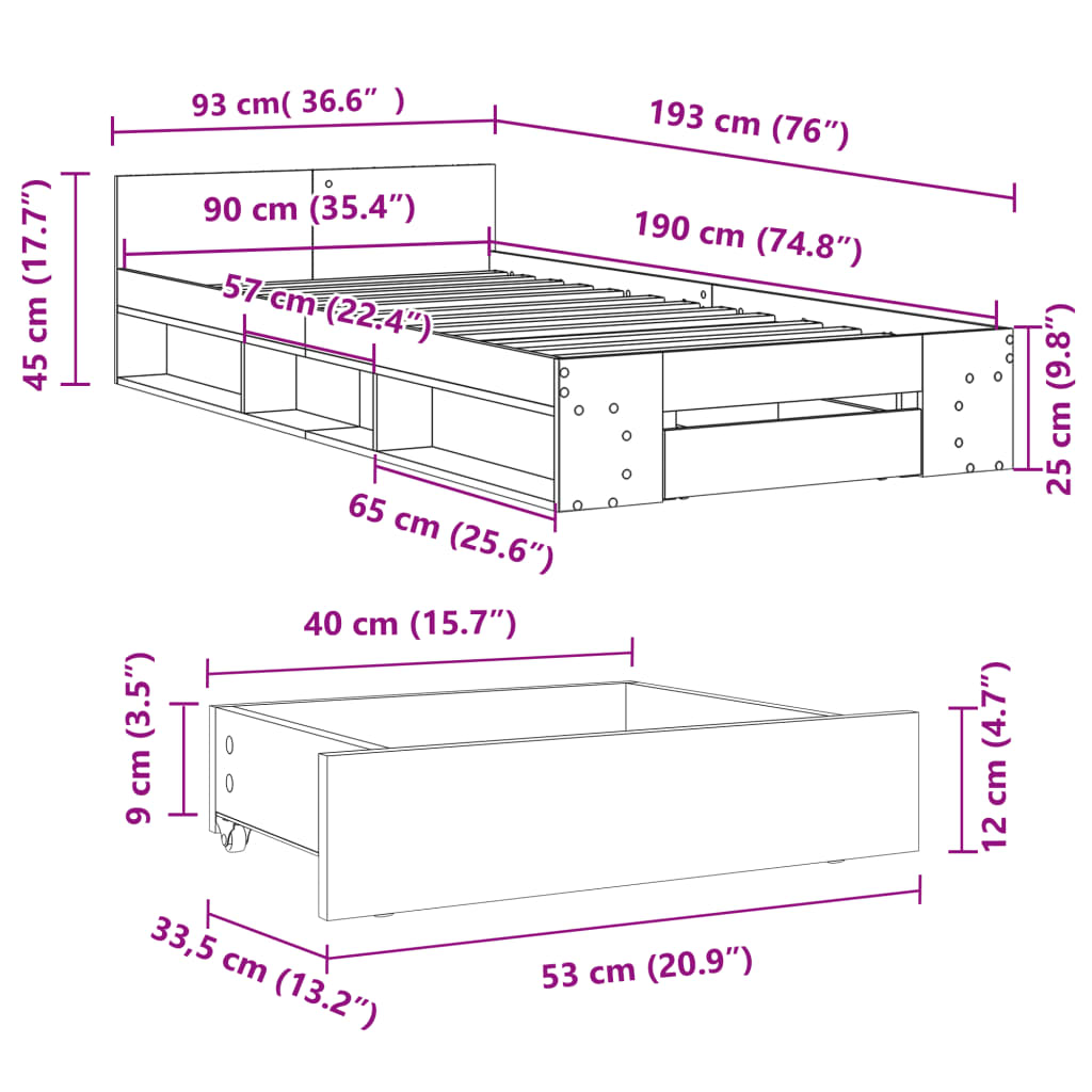 Okvir kreveta s ladicom crni 90 x 190 cm konstruirano drvo