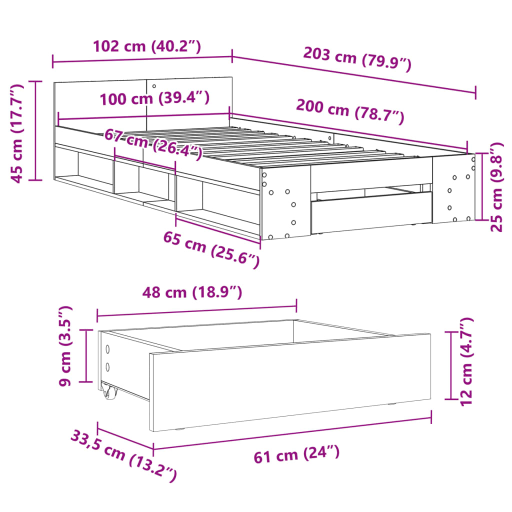 Okvir za krevet s ladicom crni 100x200 cm konstruirano drvo