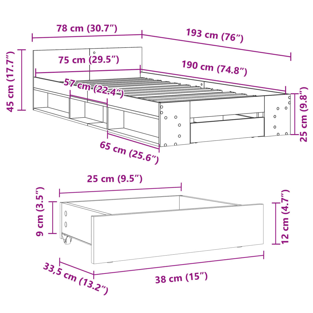 Okvir kreveta s ladicom oja smeđeg hrasta 75x190 cm drveni