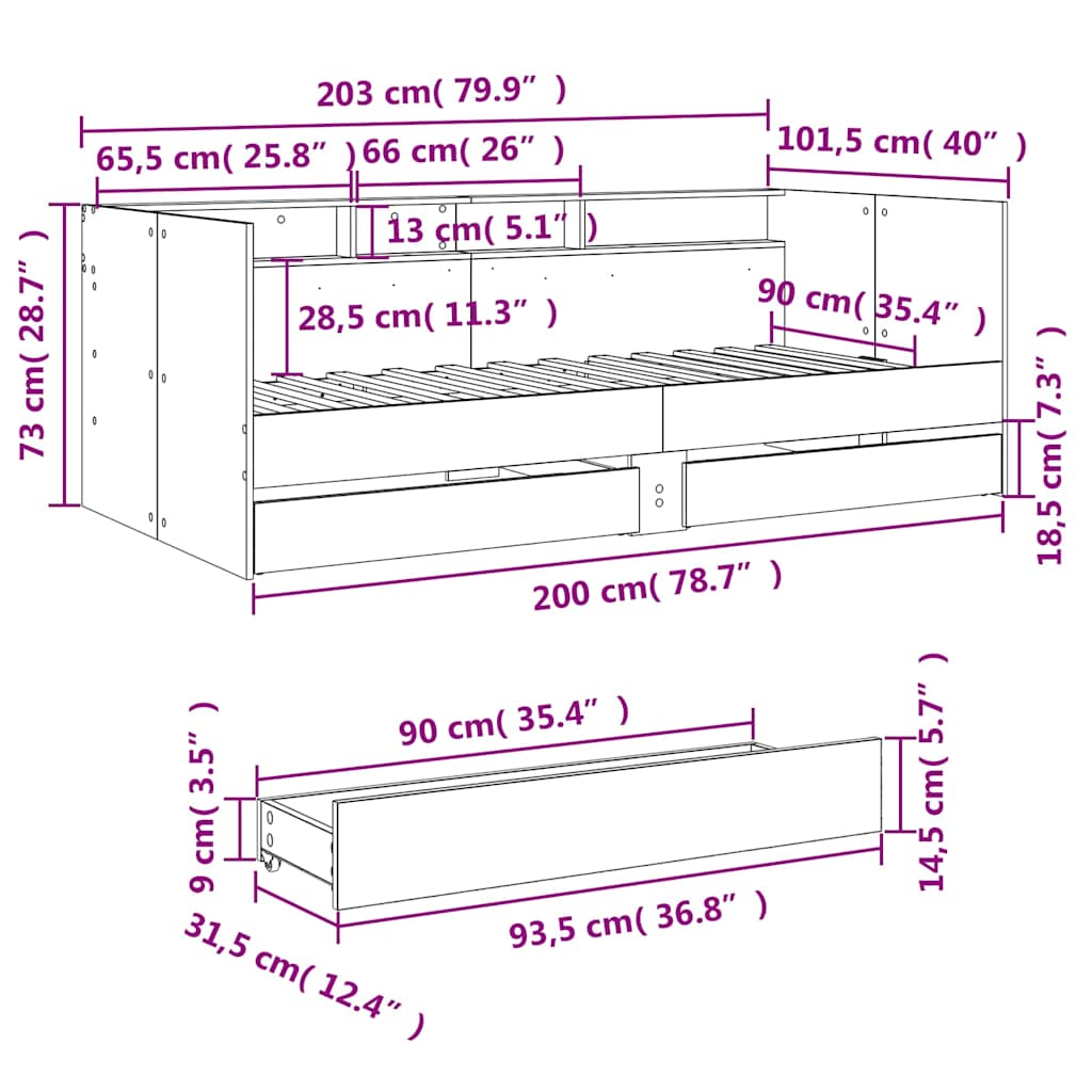 Dnevni krevet s ladicama bez madraca siva boja hrasta 90x200 cm