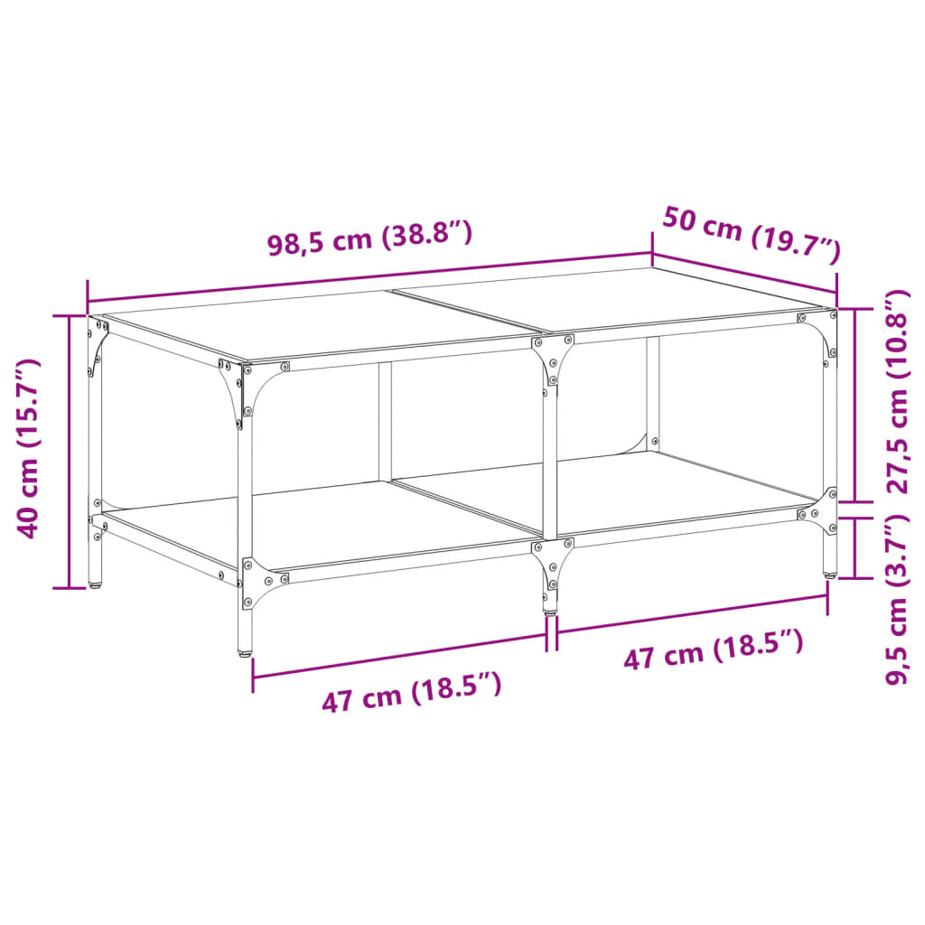 Stolić za kavu s crnom staklenom površinom 98,5x50x40 cm čelik