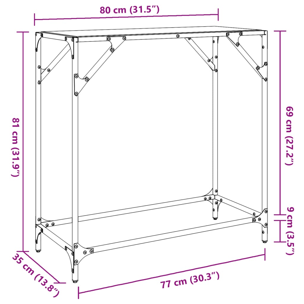 Konzolni stol s crnom staklenom površinom 80x35x81 cm čelični