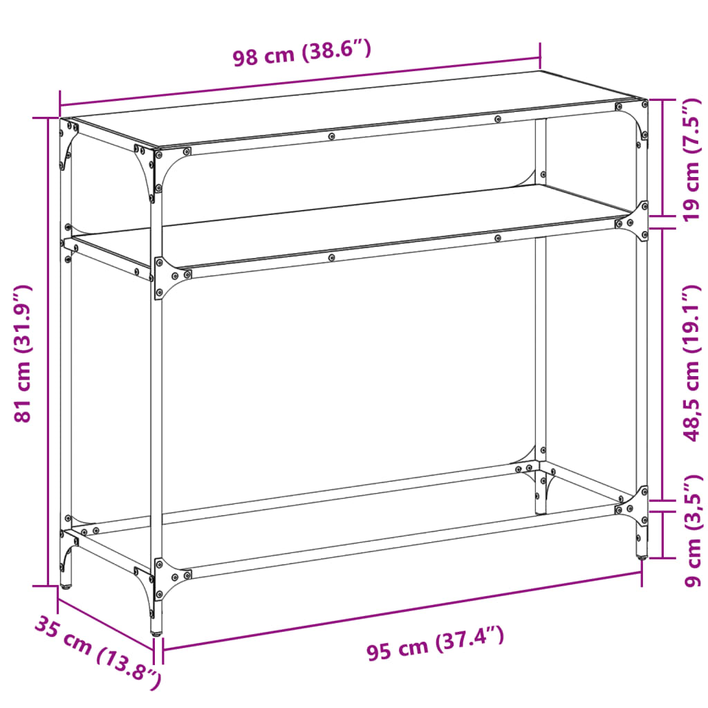 Konzolni stol s crnom staklenom površinom 98x35x81 cm čelični