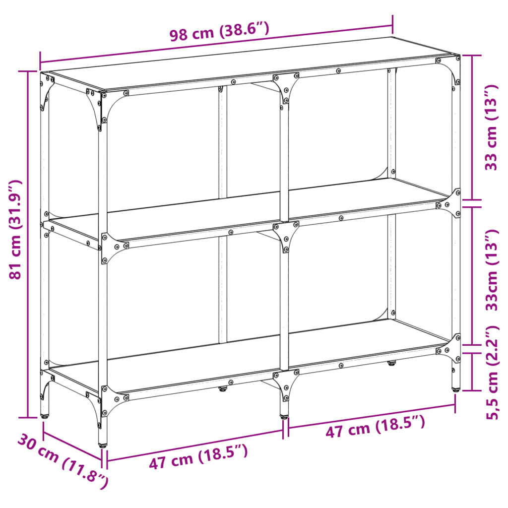 Konzolni stol s prozirnom staklenom površinom 98x30x81 cm čelik