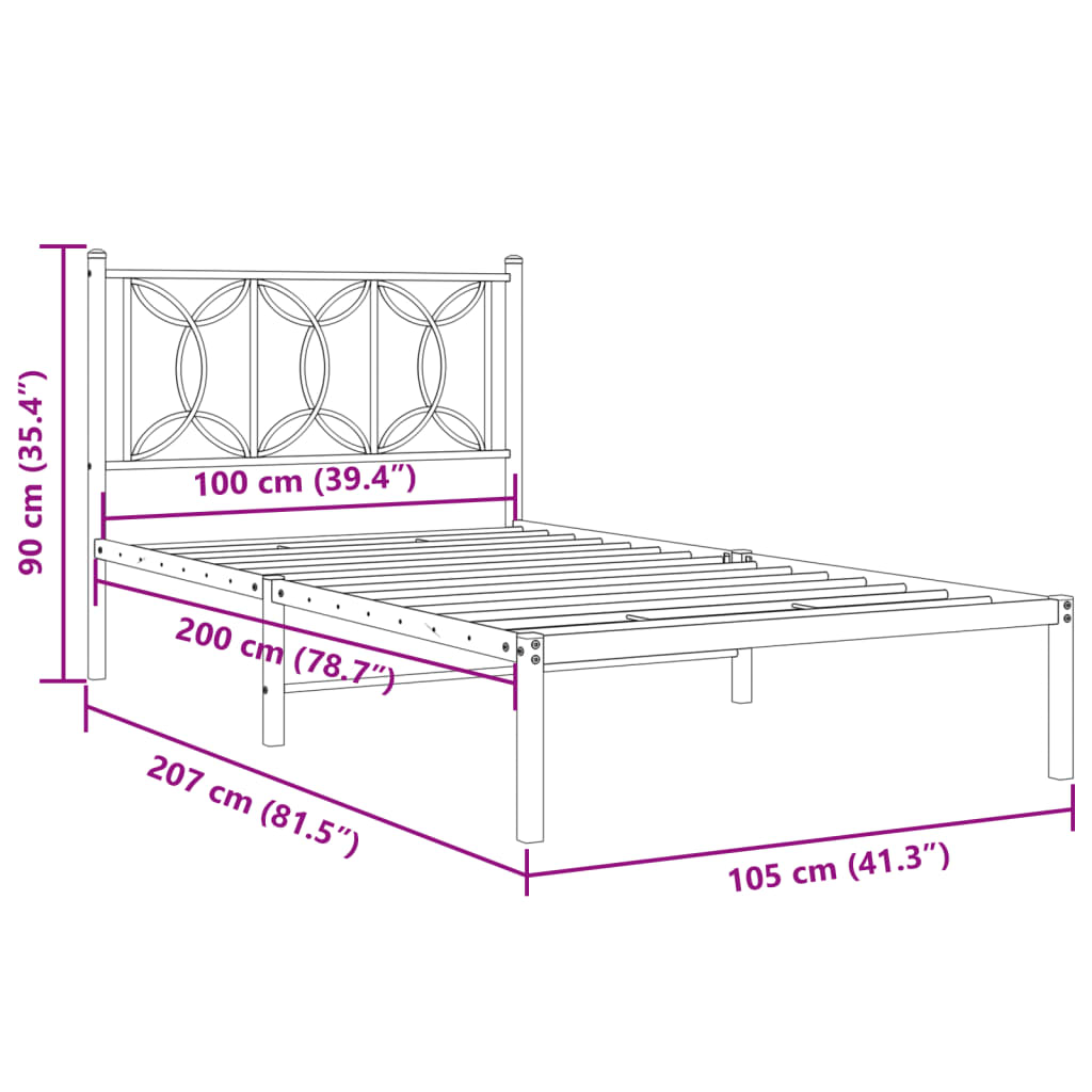 Metalni okvir za krevet s uzglavljem crni 100x200 cm