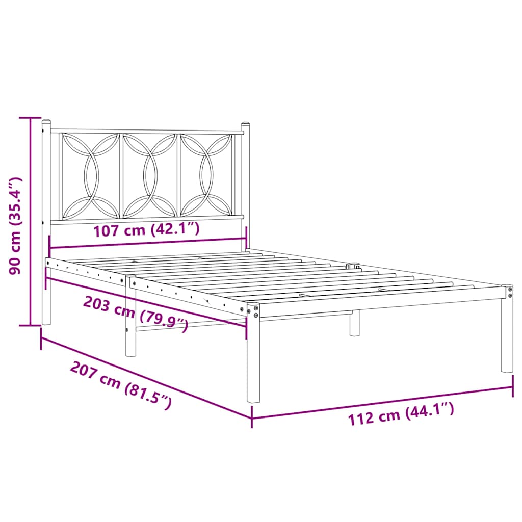 Metalni okvir za krevet s uzglavljem crni 107x203 cm