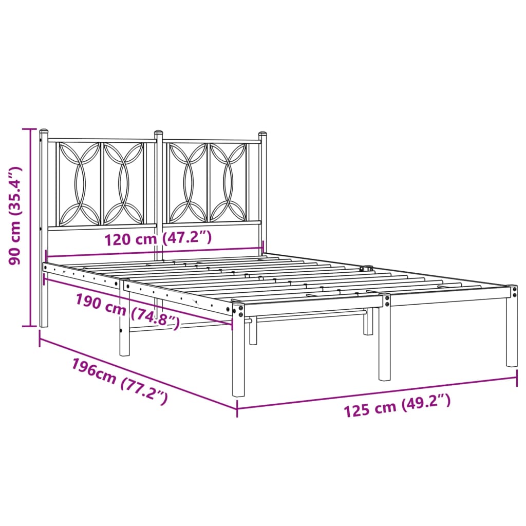 Metalni okvir za krevet s uzglavljem crni 120x190 cm