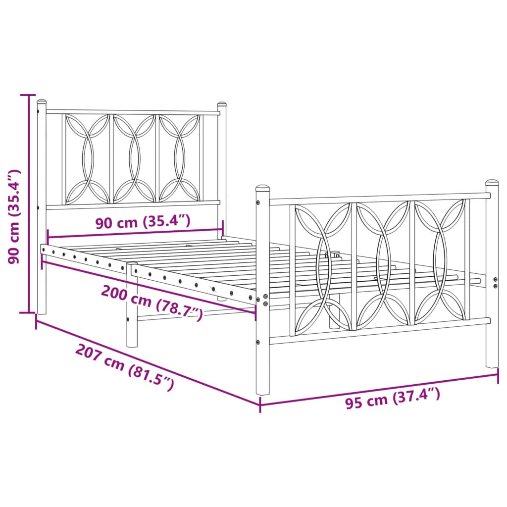 Metalni okvir kreveta uzglavlje i podnožje crni 90 x 200 cm