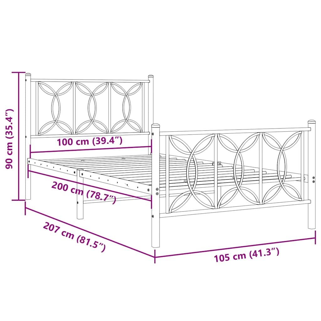 Metalni okvir kreveta uzglavlje i podnožje crni 100x200 cm