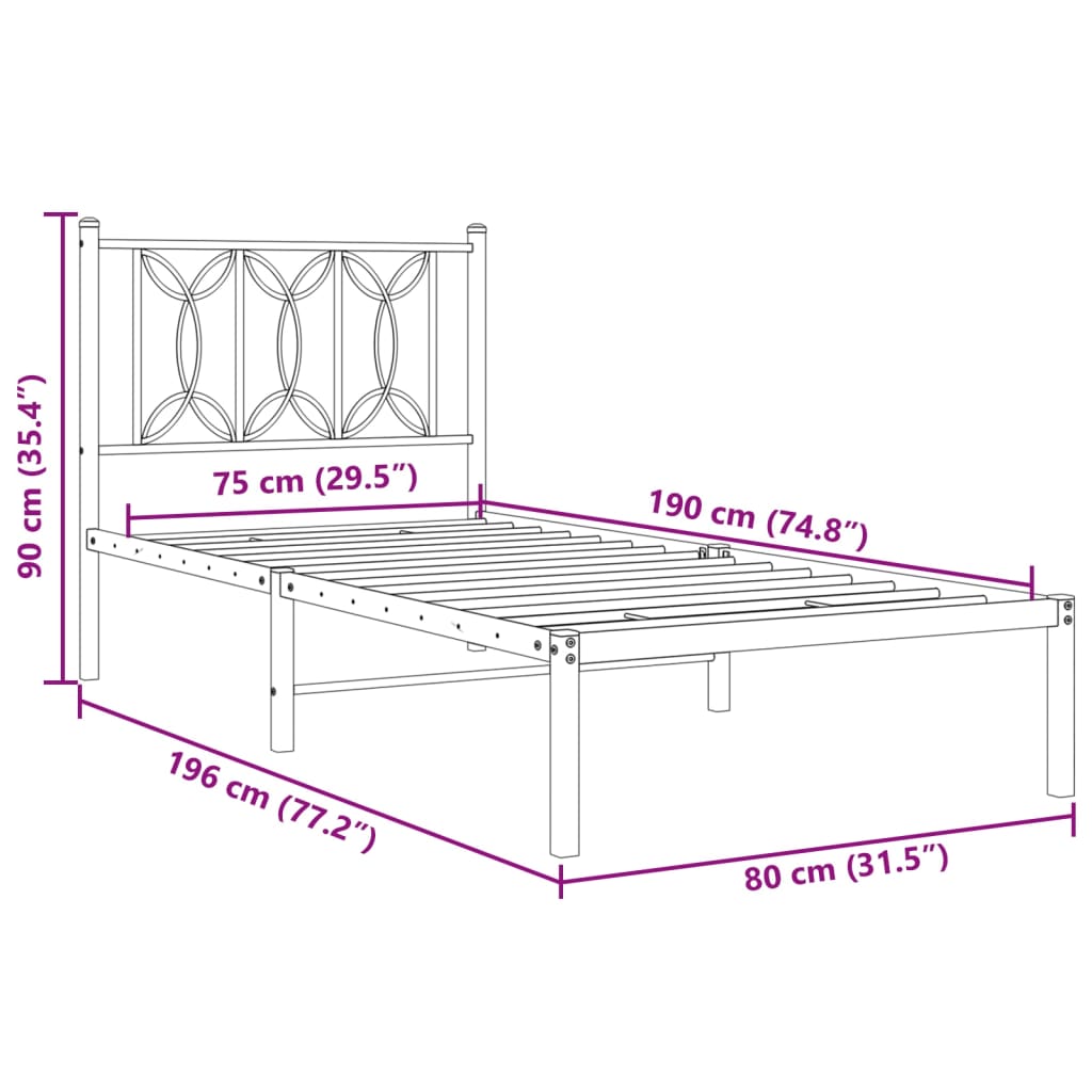 Metalni okvir krevet bez madraca s uzglavljem bijeli 75x190 cm