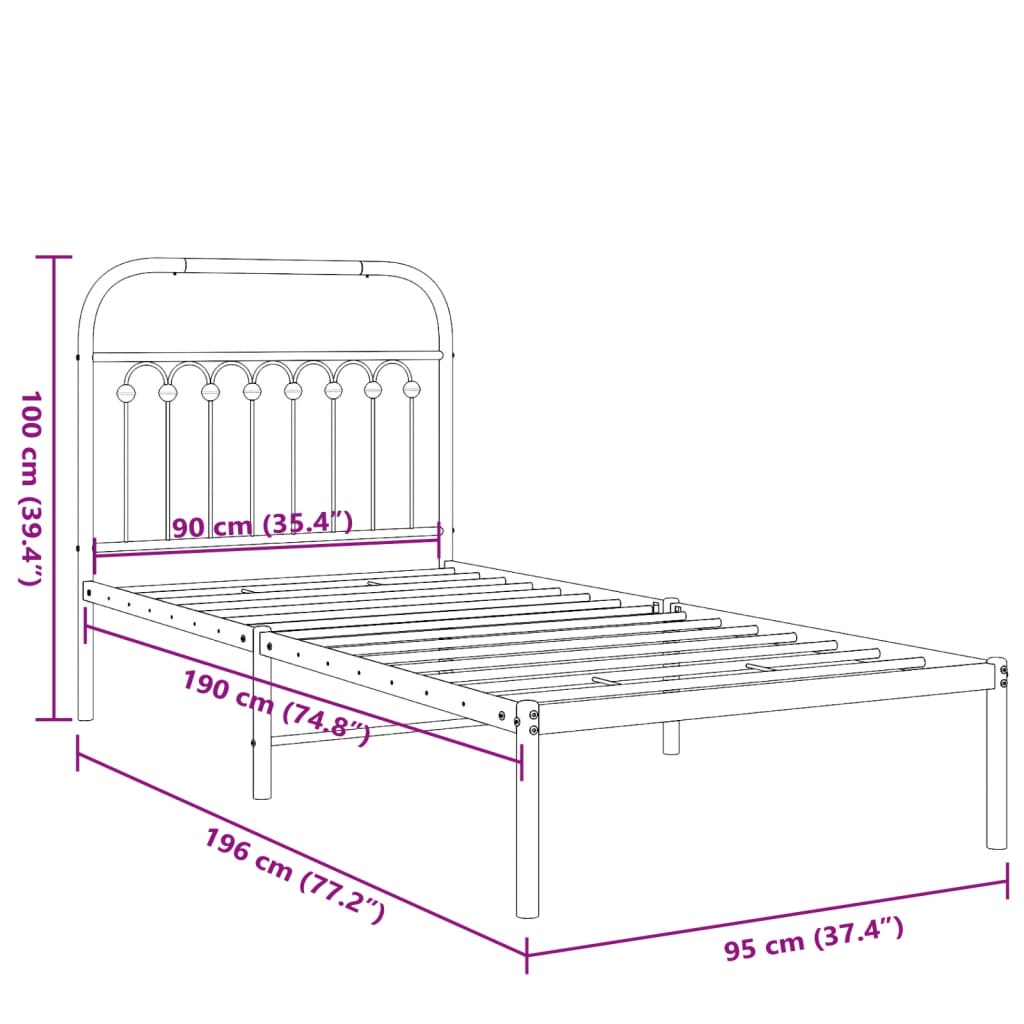 Metalni okvir za krevet s uzglavljem bijeli 90 x 190 cm