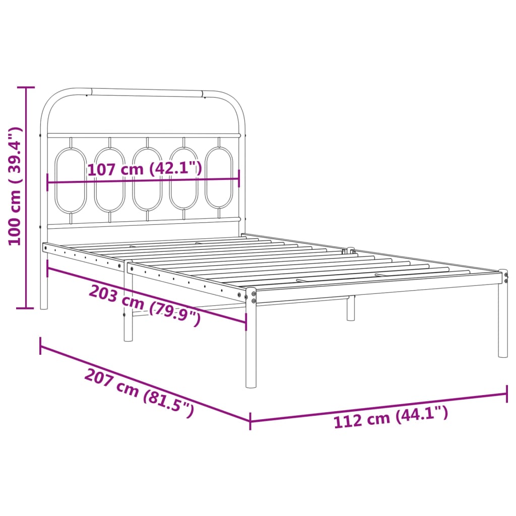 Metalni okvir za krevet s uzglavljem crni 107x203 cm