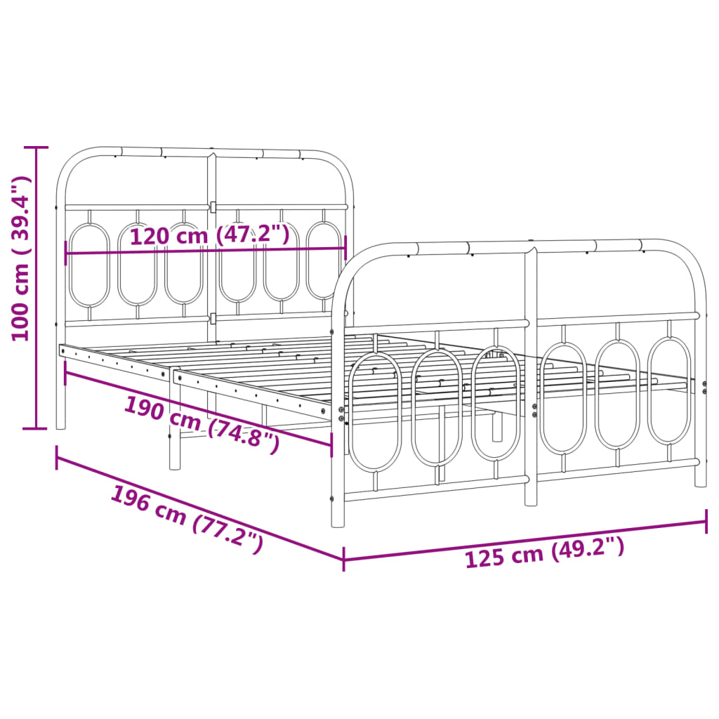 Metalni okvir kreveta uzglavlje i podnožje crni 120x190 cm