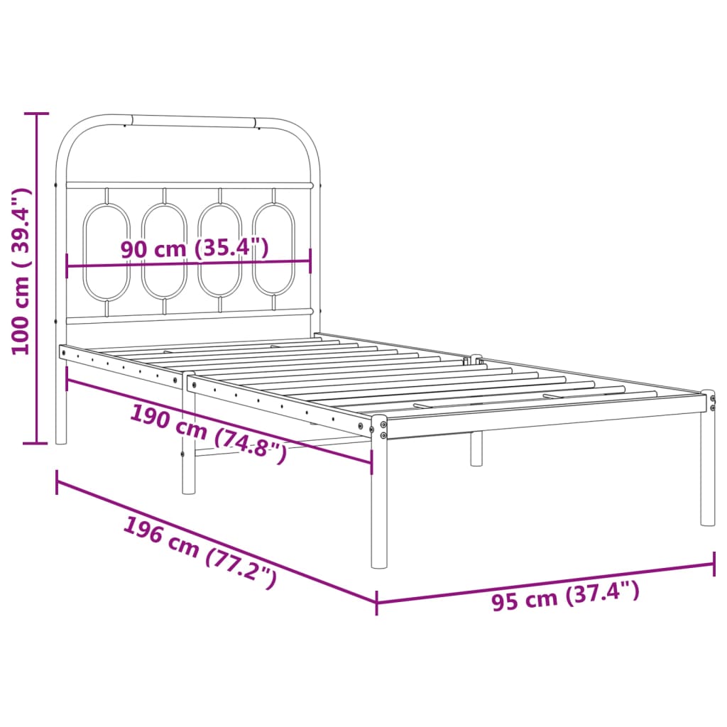 Metalni okvir za krevet s uzglavljem bijeli 90 x 190 cm