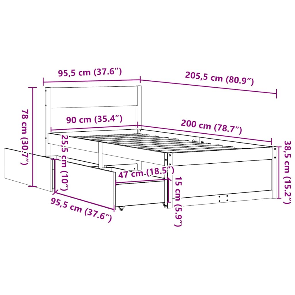 Okvir kreveta bez madraca 90 x 200 cm od masivne borovine