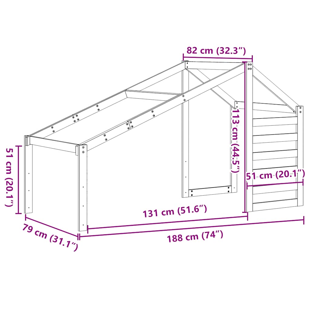 Krov za dječji krevet 188 x 82 x 113 cm od masivne borovine