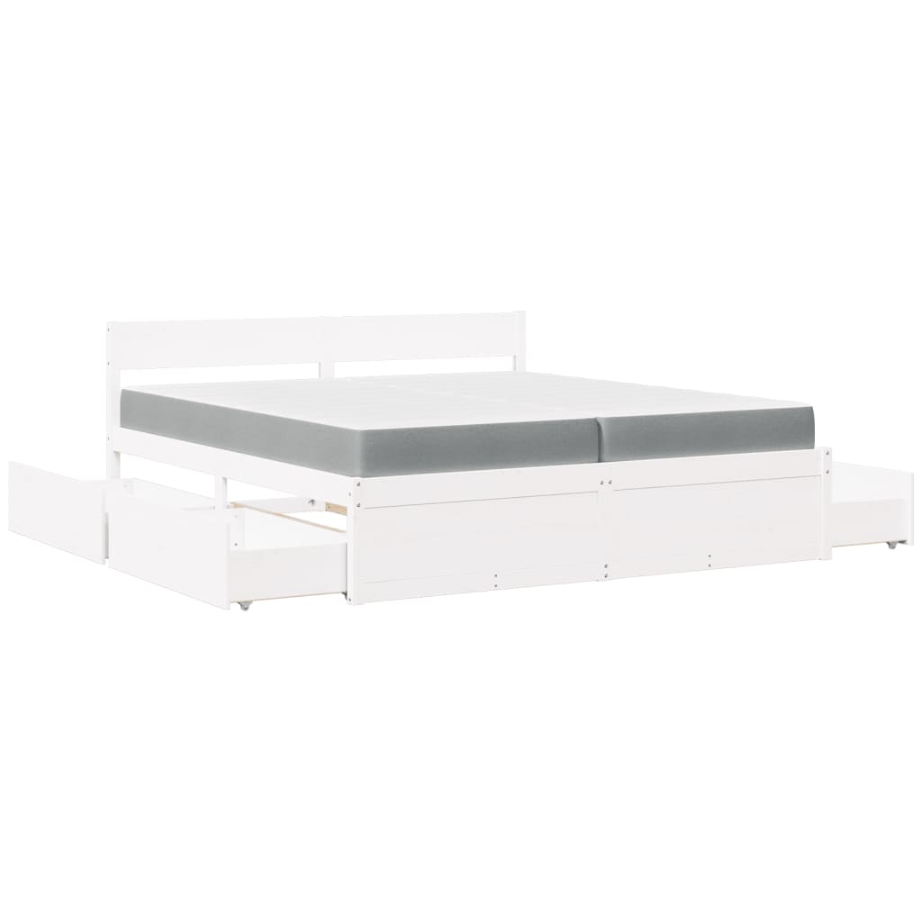 Krevet s ladicama i madracem bijeli 200 x 200 cm od borovine